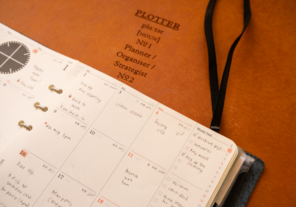 Top edge of the PLOTTER Diary 2026 Monthly Schedule refill, filled in with a person's plans, to-do lists, tasks, and appointments.