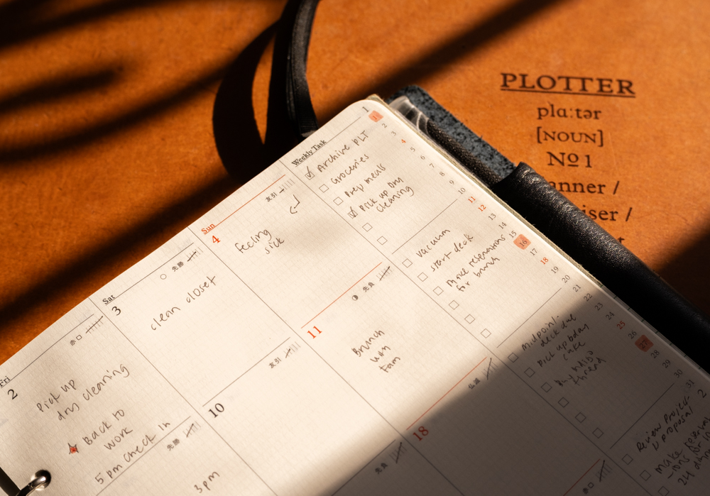 Top right corner of the PLOTTER Diary 2026 Monthly Schedule refill, filled in with a person's plans, to-do lists, tasks, and appointments.