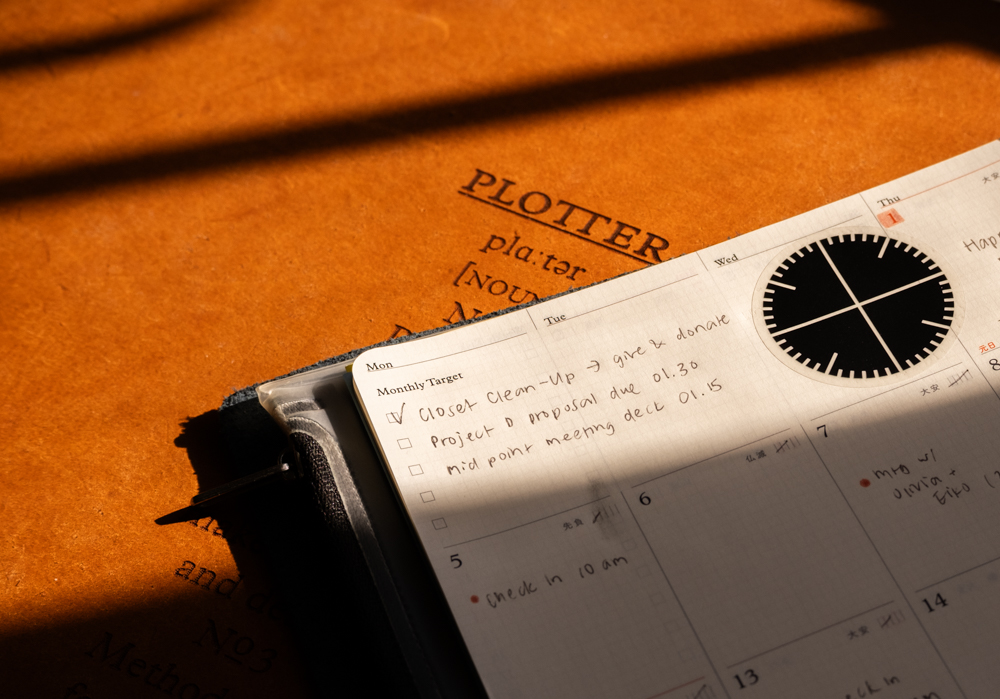 Top corner of the PLOTTER Diary 2026 Monthly Schedule refill, filled in with a person's plans, to-do lists, tasks, and appointments.