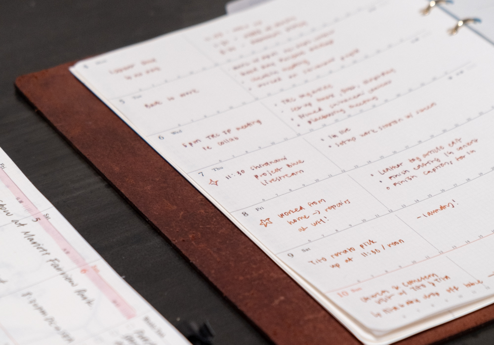 A weekly planner filled with handwritten notes in red ink sits open on a dark table. The planner is organized by day, conveying a busy schedule.