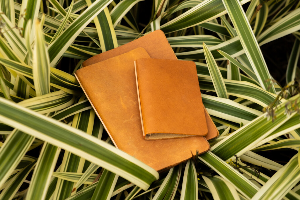 Three PLOTTER Leather Binders in Horween Predator Leather in Narrow Size, Bible Size and Mini 5 Size. All three binders are resting on a plant foliage.