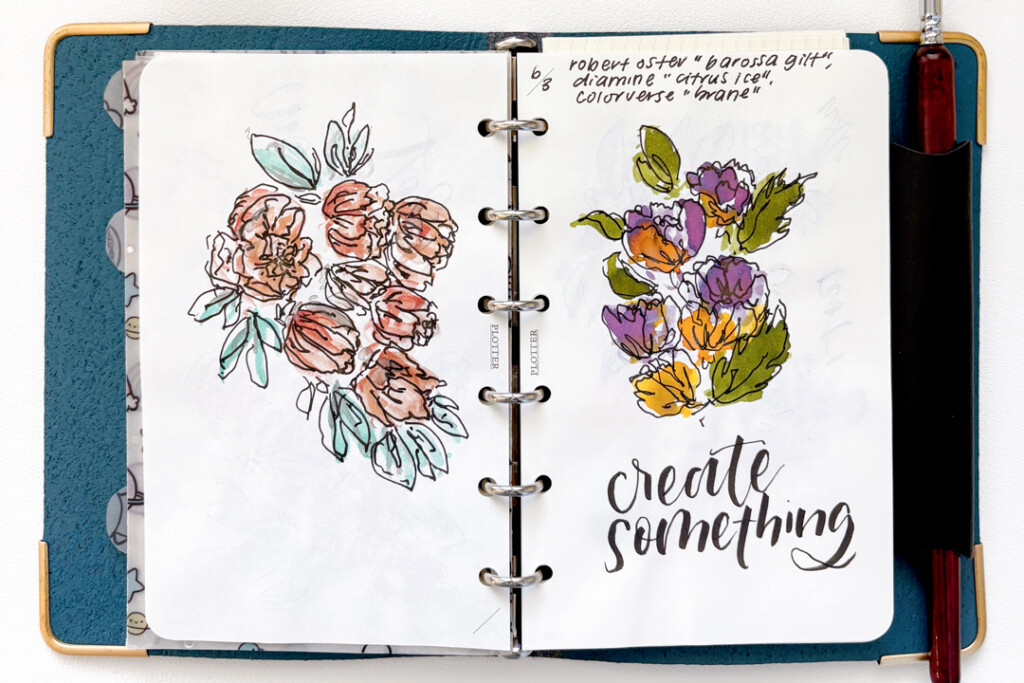 PLOTTER Leather Binder in Mini Size open to two abstract floral drawing which were drawn with fountain pen ink.