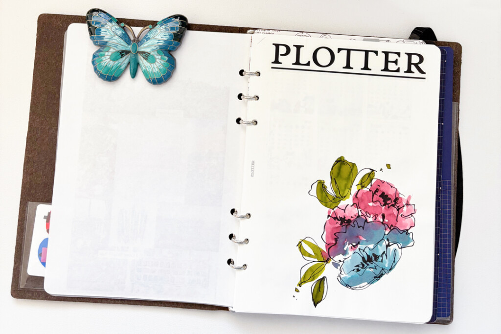 PLOTTER Leather Binder in A5 Size open to a page with an abstract floral drawing drawn with fountain pen ink.
