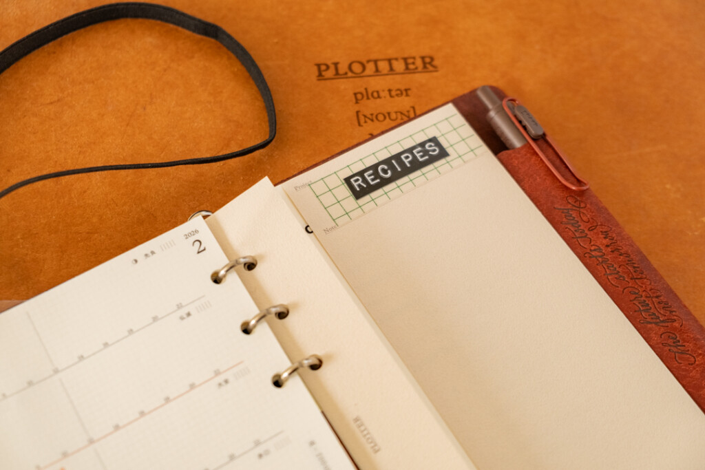 A PLOTTER Project Manager folder labeled as "Recipes" in a PLOTTER Leather Binder.