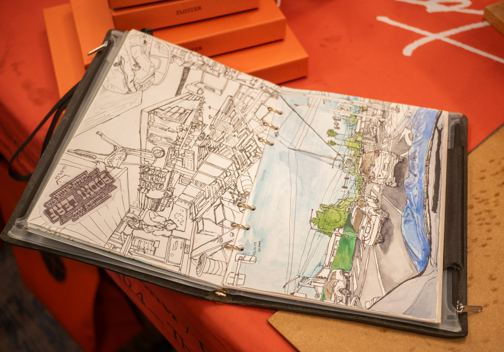 Urban sketching artwork in a PLOTTER A5 Size leather binder created by a PLOTTER USA customer attending the California Pen Show.