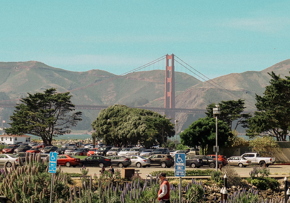 A view of the Golden Gate Bridge on a sunny spring day.