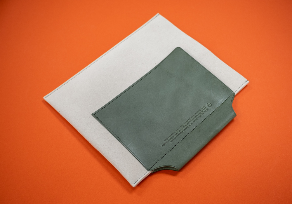 Ultrasuede® Leather Binder Case with green leather pocket.
