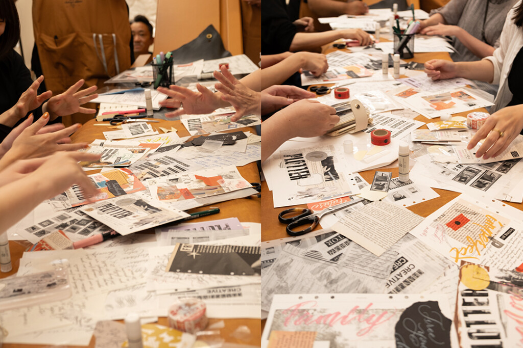 People collaging and doing calligraphy during the PLOTTER TOKYO workshop, which takes place on the third floor of PLOTTER TOKYO.