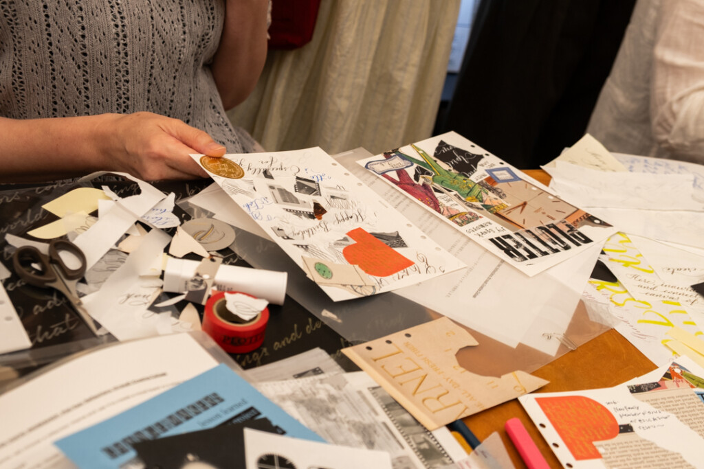 A person collaging during the PLOTTER TOKYO workshop, which takes place on the third floor of PLOTTER TOKYO.