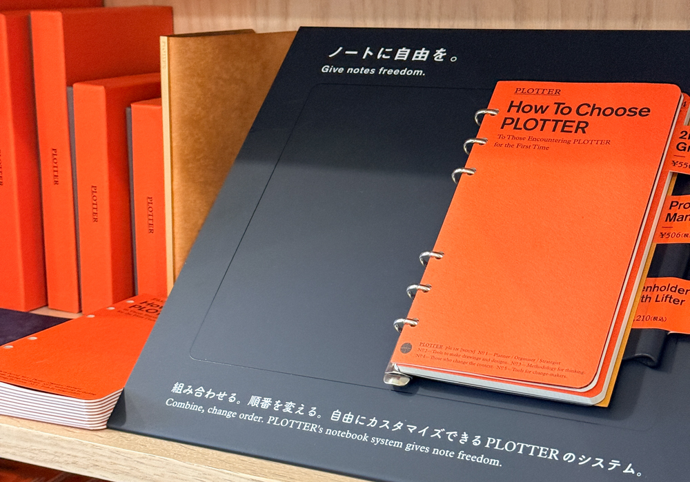 A view of the PLOTTER display in M.Lovewell in Santa Ana, California, which showcases PLOTTER Leather Binders, refills, and accessories.