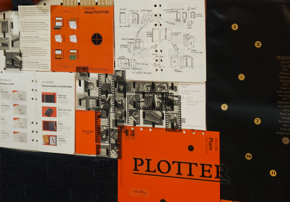 A collage of PLOTTER materials, packaging and stickers mounted on a board.