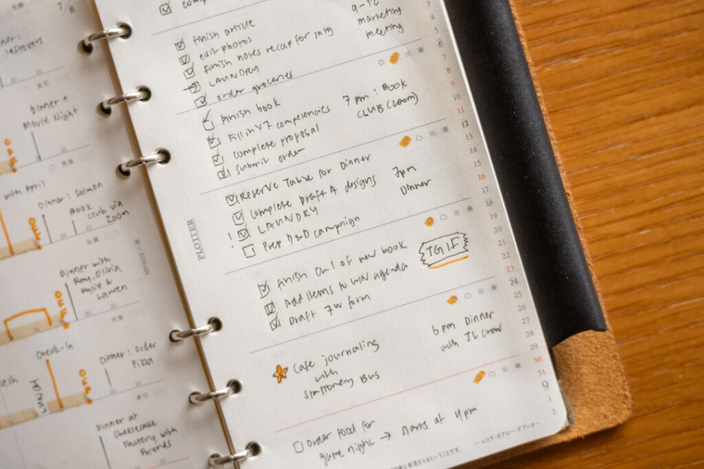 A close-up of the filled-in PLOTTER Weekly Schedule showing the memo side of the spread which is in a PLOTTER Leather Binder on a wooden desk.
