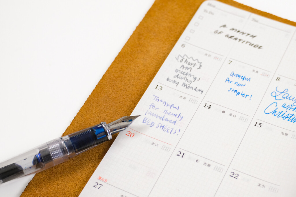 A close-up of an open PLOTTER Leather Binder open to the monthly schedule refill, which is filled in with log notes made by fountain pen. There is a grey fountain pen next to the PLOTTER Leather Binder.