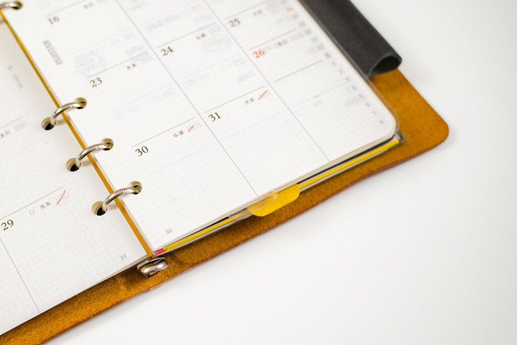 A close-up of an open PLOTTER Leather Binder showing the biorhythm tracker in each daily section in the PLOTTER monthly schedule refill.