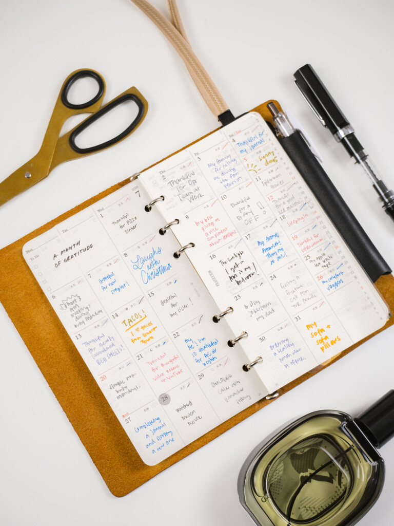 A PLOTTER Leather Binder on a white table surrounded by pens and stationery and it is open to a monthly schedule page which is filled in as a daily gratitude log.